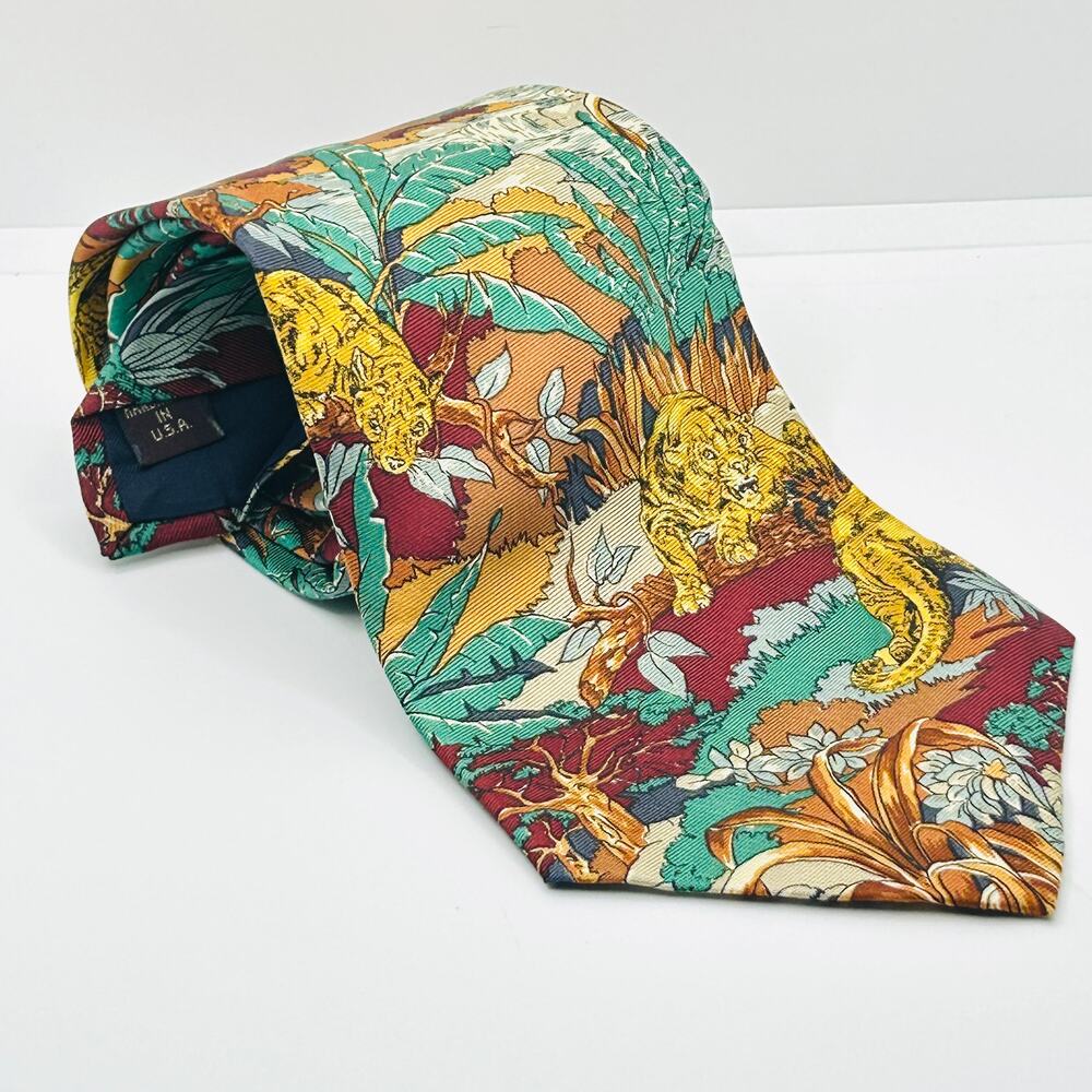 Vintage 90s Pure Silk Red Maroon Yellow Lion Tiger Print Necktie